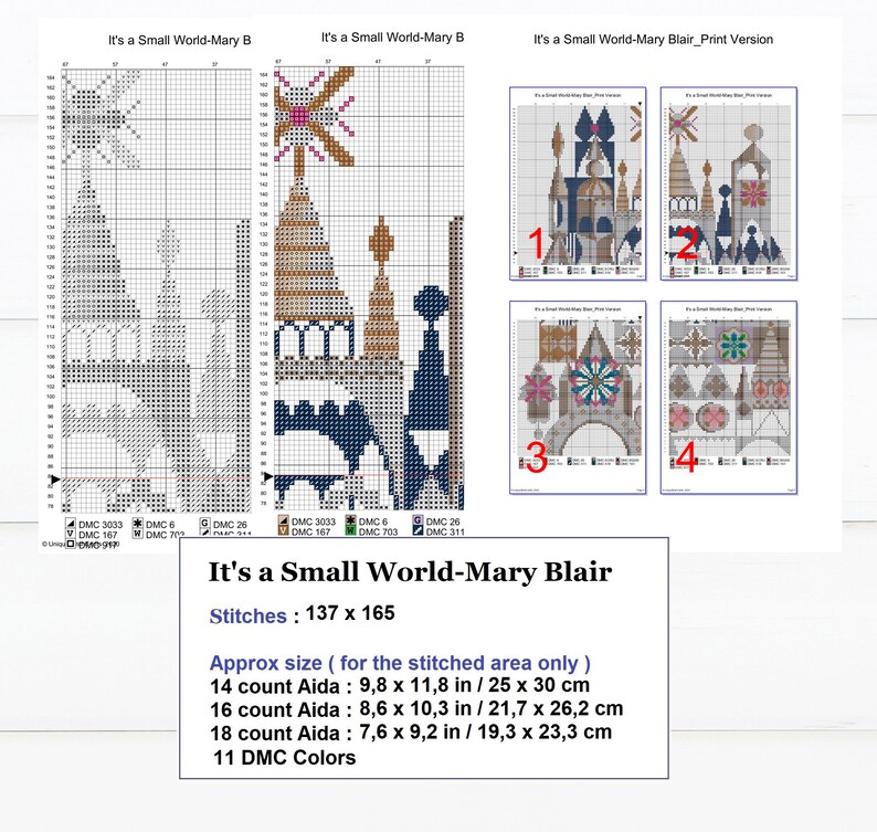May include: Cross-stitch pattern titled "It's a Small World-Mary Blair." The design features a colorful architectural theme with various buildings and structures. The pattern includes the number of stitches, size, and DMC colors.
