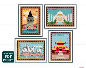 4 Famous Landmarks Cross Stitch Pattern / World Landmarks / Taj Mahal / Forbidden City / Galata Tower / Opera House / PDF Pattern