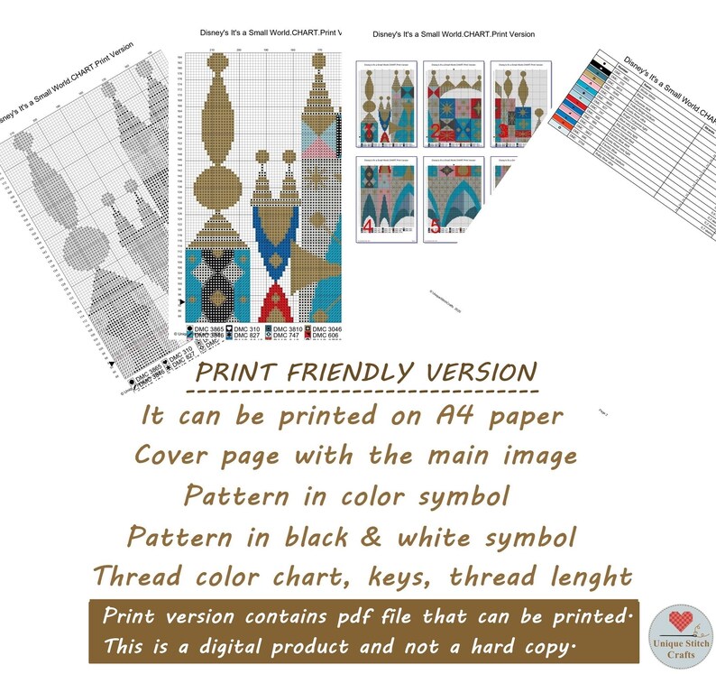 May include: Printable cross stitch pattern for Disney's It's a Small World ride. The pattern includes a colour chart, keys, and thread length. The pattern is available as a digital download.