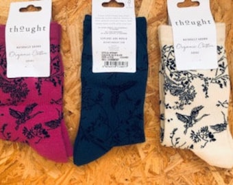 Ladies Bird Design Organic Cotton Socks-naturally grown-sustainable-free uk delivery