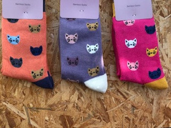 Cat Socks Ladies Hot Pink Blue Cats Print Bamboo Cotton Blend UK Shoe Size  3 - 7