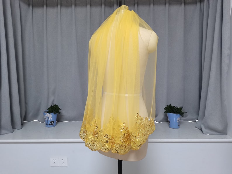 Regal Veil Single Layer Golden Wedding Veil Lace Sequin Wedding Veil One Layer Golden Tulle Veil Golden Lace Edge Wedding Veil