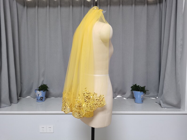 Regal Veil Single Layer Golden Wedding Veil Lace Sequin Wedding Veil One Layer Golden Tulle Veil Golden Lace Edge Wedding Veil