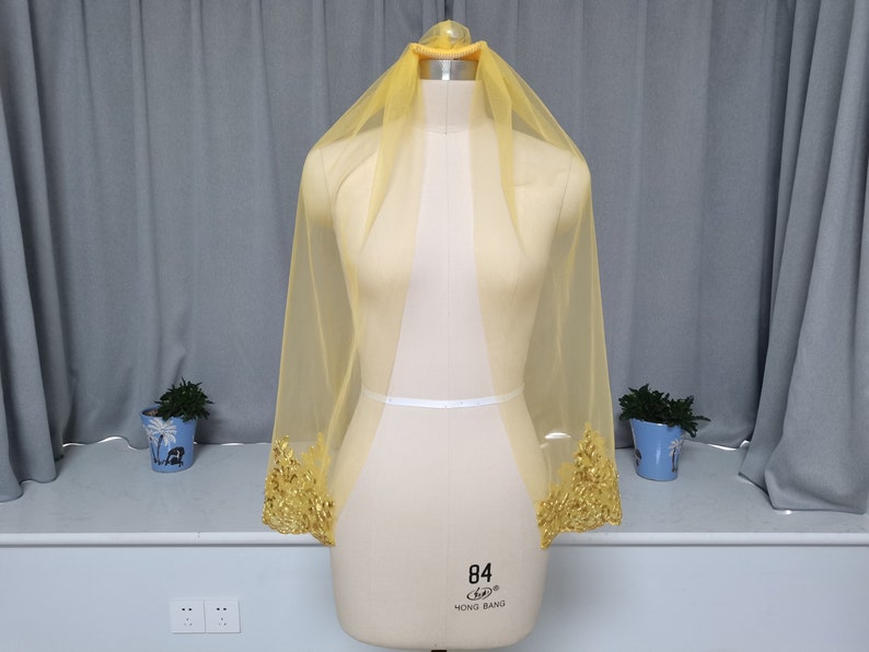 Regal Veil Single Layer Golden Wedding Veil Lace Sequin Wedding Veil One Layer Golden Tulle Veil Golden Lace Edge Wedding Veil
