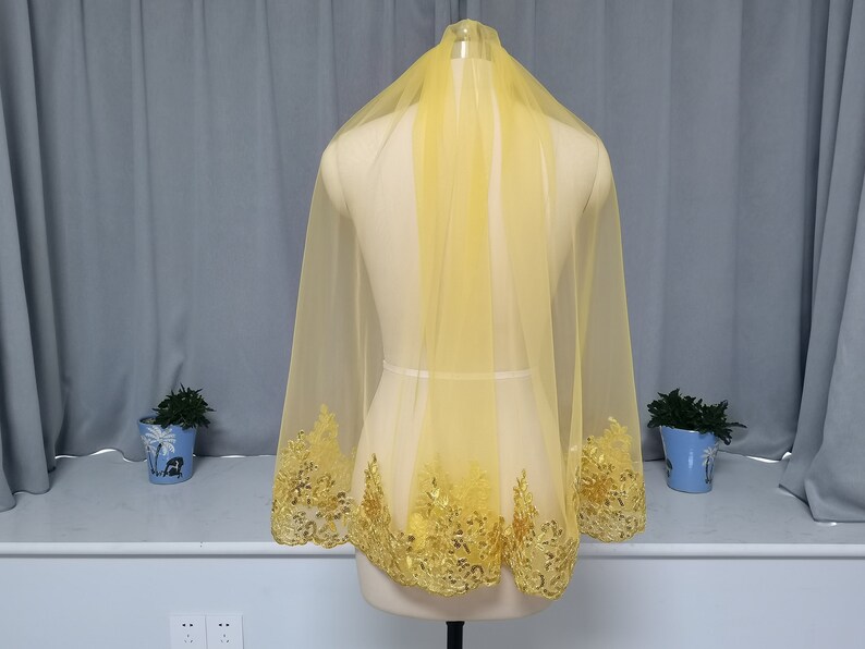 Regal Veil Single Layer Golden Wedding Veil Lace Sequin Wedding Veil One Layer Golden Tulle Veil Golden Lace Edge Wedding Veil