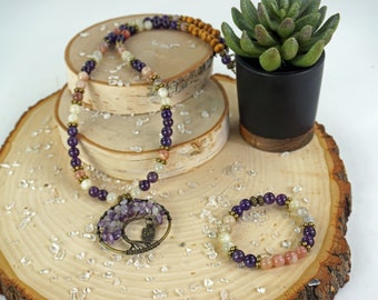 Amethyst | Sunstone | Moonstone Necklace with Owl Tree of Life Pendant
