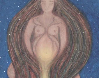 Print "Star Birth" 21 x 22 cm, Birth, Goddess, Stars, Light, Lap, Pregnancy, Spiritual Art, Connectedness, Cosmos, Print, Image