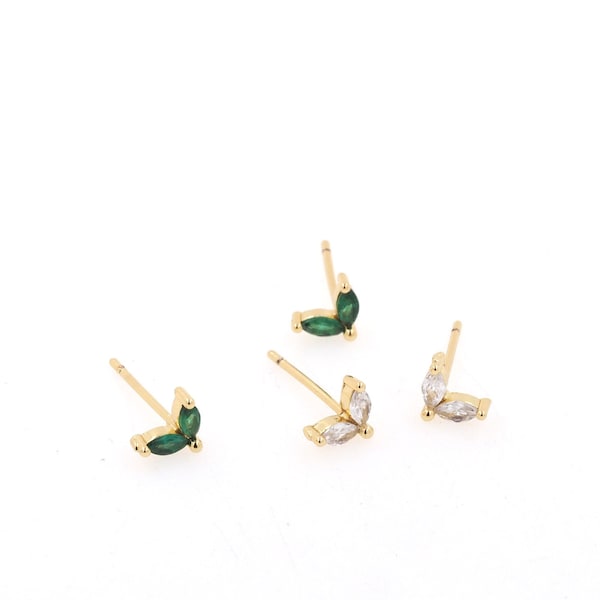 Boucles d'oreilles zircone, boucles d'oreilles émeraude, boucles d'oreilles feuille verte en or jaune 18 carats, accessoires de bijoux DIY 5 x 7 mm