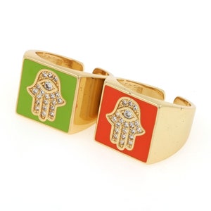 Micropavé CZ Hamsa Ring, Enamel Signet Ring, Good Luck Ring, Hamsa Charm, Adjustable Ring, Hamsa Ring, Diameter 20mm
