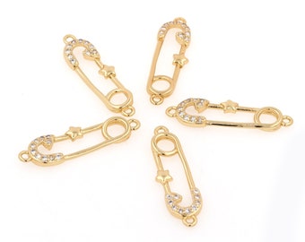 Safety Pin Charm, Micro-Pave Pin Connector, 18K Gold Filled Charm Connector, 26x8x3mm