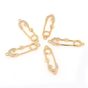 Safety Pin Charm, Micro-Pave Pin Connector, 18K Gold Filled Charm Connector, 26x8x3mm