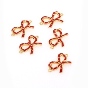 Bow Connector, Enamel Bow Charm, 18K Yellow Gold Filled Red Bow Bracelet, DIY Accessory Supply, 18x22x2mm