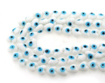 30Pcs White heart evil eye beads, glass beads used in jewelry making DIY crafts found, 12x8mm