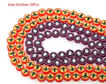 May include: A set of 35 Halloween-themed polymer clay beads. The beads are 10mm in diameter and 5mm thick. There are two designs: orange beads with black bats and purple beads with white ghosts.