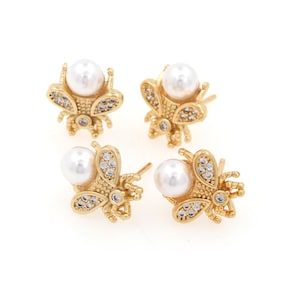 Firefly Earrings, Pearl Insect Earrings, 18K Gold Filled Stud Earrings for Insect Lovers, DIY Jewelry Accessories