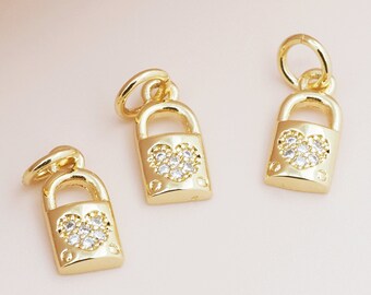 18k Gold Lock Pendant CZ Pendant Small Padlock Pendant Love Lock DIY Handmade Jewelry 13x10x3mm