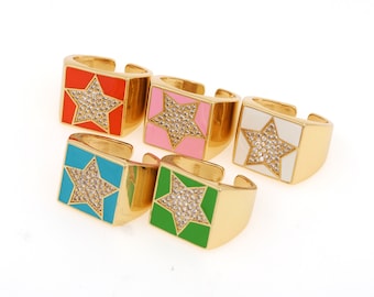 Anello pentagramma in micropavé di zirconi cubici, anello con sigillo in smalto, anello portafortuna, ciondolo a forma di stella, anello regolabile, anello a forma di stella, diametro 20 mm