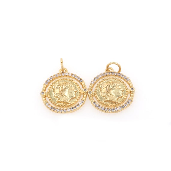 Cubic Zirconia Gold Coin Necklace, Round Coin Pendant, Disc Necklace, Portrait Coin Pendant, Accessories for DIY Enthusiasts,21x16x2mm