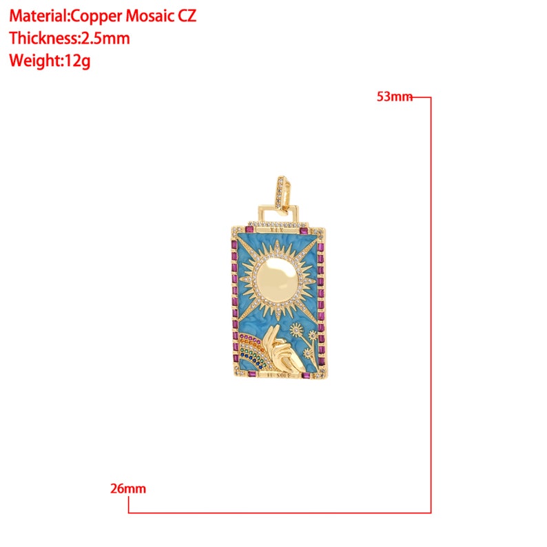 May include: Gold pendant necklace with a blue and white enamel sun design, surrounded by pink cubic zirconia stones. The pendant is 2.6 cm wide and 5.3 cm tall.