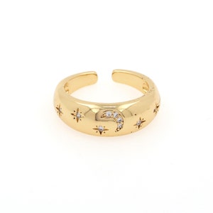 Star Moon Ring, Adjustable Ring, Micropavé CZ Star Moon Ring, Gold Open Ring, DIY Accessory, 21x21x7mm