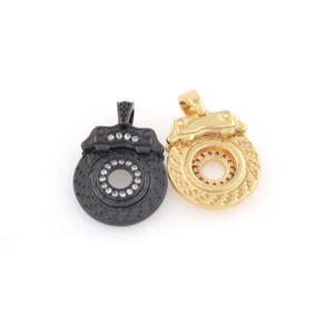 Motorcycle Charm, Micropavé Cubic Zirconia Motorcycle Brake Disc Necklace, 18K Yellow Gold Filled Brake Disc Jewelry,23x15x5mm