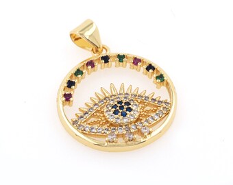 18K Devil's Eye Ring Pendant Cubic Zirconia Micro Inlay Openwork Pendant Devil's Eye for DIY Hobbyist Accessories, 26x20x3mm