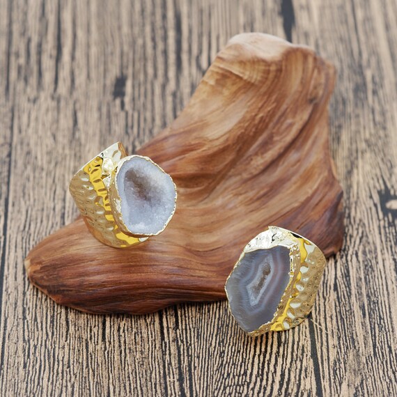 Slip Side Natural Onyx Crystal Cave Diamond Ring, Gold Plated Gemstone Ring, Handmade Onyx Crystal Cave Open Adjustable Ring