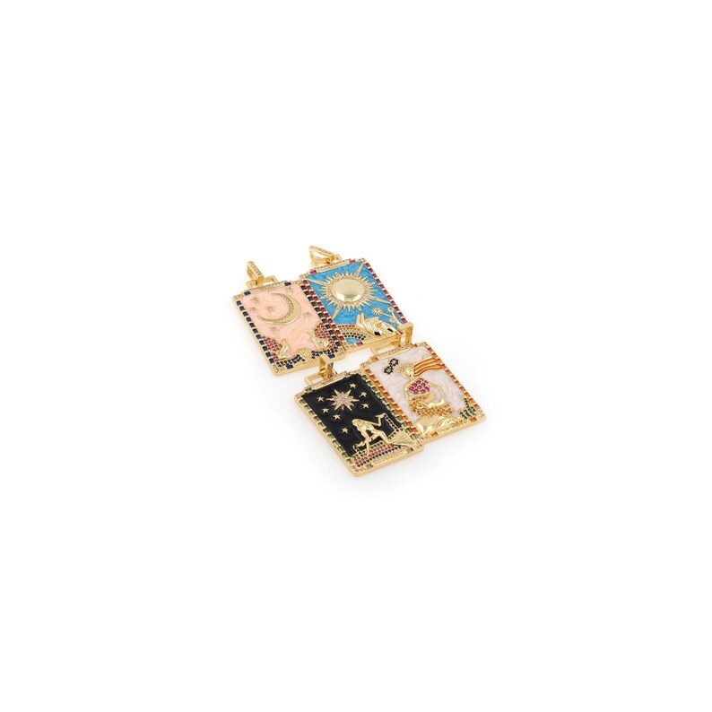 May include: Four gold-toned pendants with colorful enamel and rhinestones. Each pendant features a different tarot card design: The Moon, The Sun, The Star, and The Lovers.