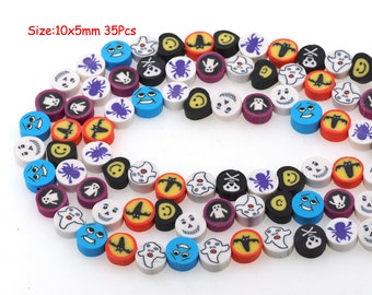May include: A collection of 35 Halloween themed polymer clay beads. The beads are 10mm x 5mm and feature various designs including ghosts, bats, spiders, skulls, and smiley faces. The beads are in a variety of colours including white, black, orange, purple, blue, and yellow.