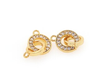 Gold Plated Double Ring Connector Cubic Zirconia Micropavé Tiny Double Ring DIY Jewelry Accessory, 16x10x2mm