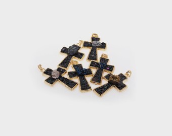 Gold Plated Cross Natural Stone Pendant Obsidian Inlaid Natural Stone Pendant Gravestone DIY Accessories Supply, 60x14x24mm