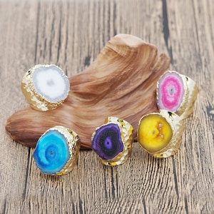 Natural Flower Natural Stone Ring, Natural Stone Cross Section Open Ring, Gold Plated Natural Annual Ring.