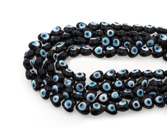 30Pcs Black heart evil eye beads, glass beads used in jewelry making DIY crafts found, 12x8mm