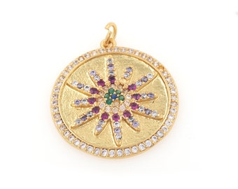 18kGold Round Devil's Eye Pendant, Sun Eye Pendant, CZ Inlaid Round Pendant Bracelet Pendant DIY Accessory,30x25x2mm