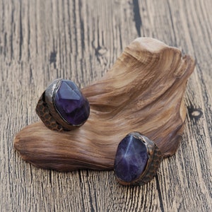 Solitaire Ring, Antique Copper Soldered Amethyst Ring, Bohemian Open Adjustable Ring, 28x23x25mm