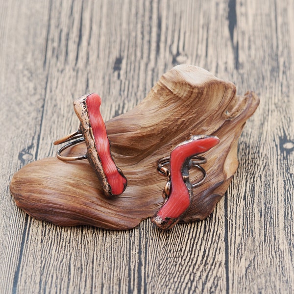 Red Coral Jade Ring, Red Coral Jade Adjustable Ring, Bohemian Antique Copper Natural Stone Ring. 42x21x24mm