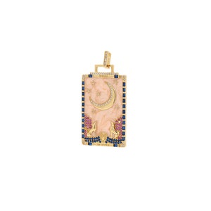 May include: Gold pendant necklace with a pink and white moon and stars design. The pendant is surrounded by blue and pink gemstones and has the text "VIII LA LUNA" on the bottom.