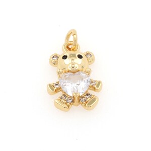 Gold Plated Bear Cute Bear Pendant Heart Shaped Cubic Zirconia Inlay Bear Charm DIY Accessories Supply 12x8x5mm