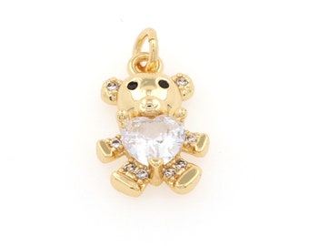 Gold Plated Bear Cute Bear Pendant Heart Shaped Cubic Zirconia Inlay Bear Charm DIY Accessories Supply 12x8x5mm