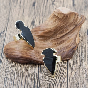 Natural Obsidian Gold Plated Ring, Obsidian Open Ring, Bohemian Obsidian Ring, 34x20x23mm