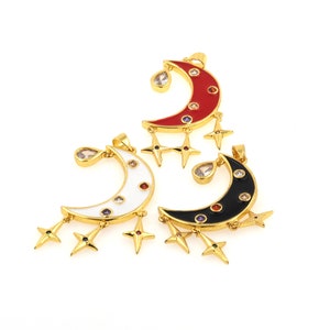 Enamel Filled Gold Plated Pendant, Star Moon Pendant Star Decoration CZ inlay  DIY Lover, Bracelet Necklace Accessories, 45x22x2mm