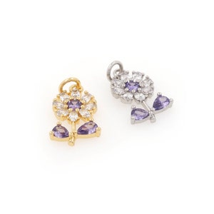 Flower Pendant, CZ Micro Inlay Flower, Gold and Silver Flower, White Zircon Charm DIY Accessory Supply, 21x11x4mm