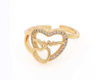 Double Row Ring Love Adjustable Ring EKG Moon Ring 18K Gold Open Jewellery, 20x20x14mm