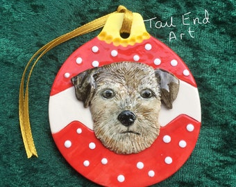 Border Terrier - Bauble Christmas Tree Decoration - Red & White