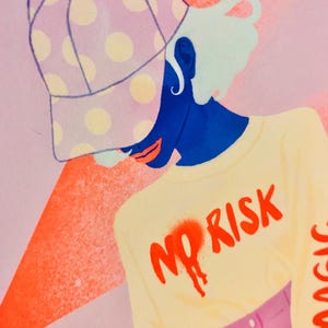May include: A digital illustration of a figure wearing a light purple baseball cap with yellow polka dots and a pale yellow long-sleeve shirt. The shirt features the red text NO RISK with a dripping effect, and the sleeve shows partial red text.