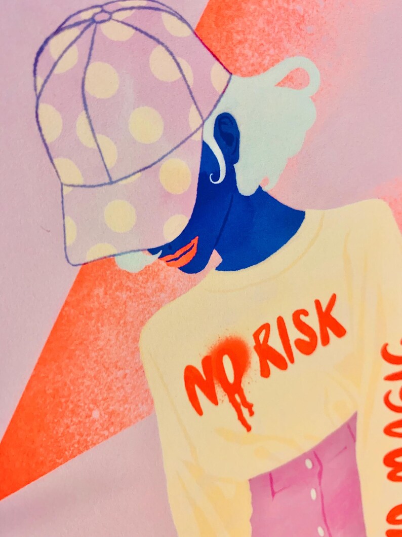 May include: A digital illustration of a figure wearing a light purple baseball cap with yellow polka dots and a pale yellow long-sleeve shirt. The shirt features the red text NO RISK with a dripping effect, and the sleeve shows partial red text.