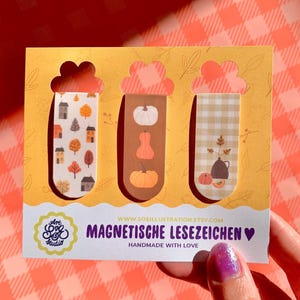 Autumn Magnetic Bookmark SET of 3, whimsical fall stationery gift, Bookish accessory with pumpkins gingham pattern, handmade page markers