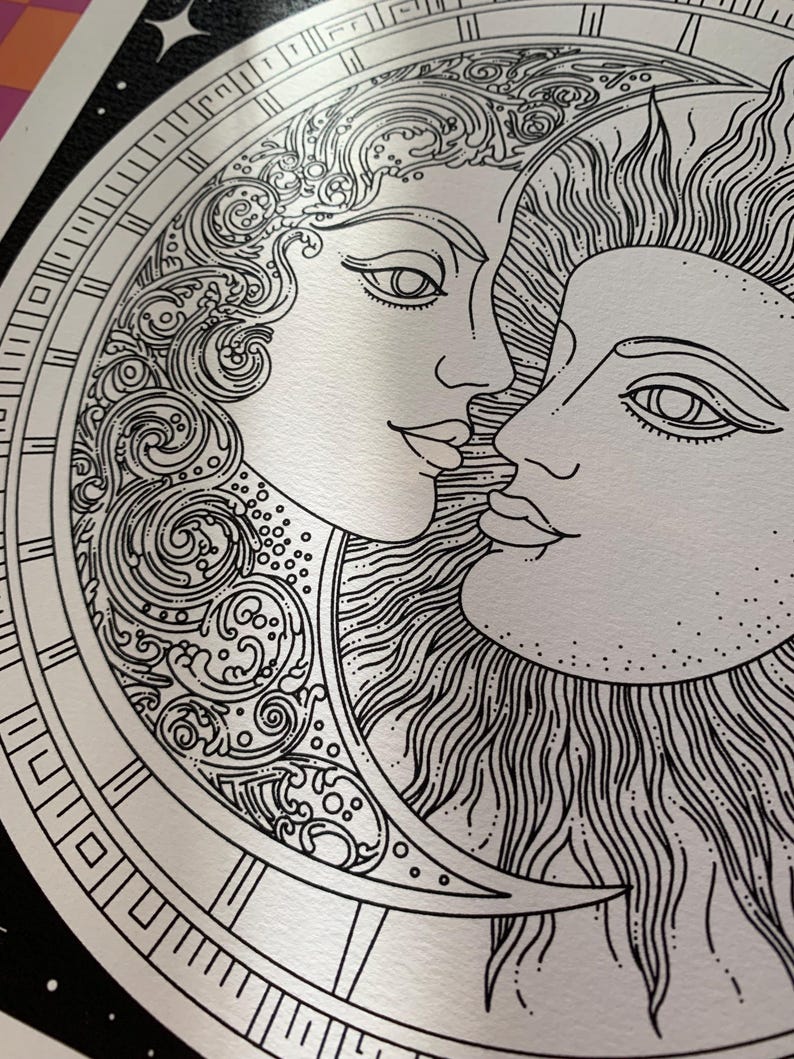 May include: A black and white line art illustration featuring a crescent moon with a human face and flowing, swirling hair, positioned next to a sun with a human face and radiating sunbeams, both enclosed within a circular decorative border.