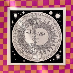 Celestial Moon and Sun hand drawn illustration 21 x 21 cm, art print, printed on 312gsm fine art paper image 2