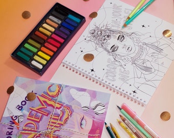 Coloring book for young adults with spiral binding 21 x 21 cm on 160g paper with 30 motifs: fashion, affirmations, flowers